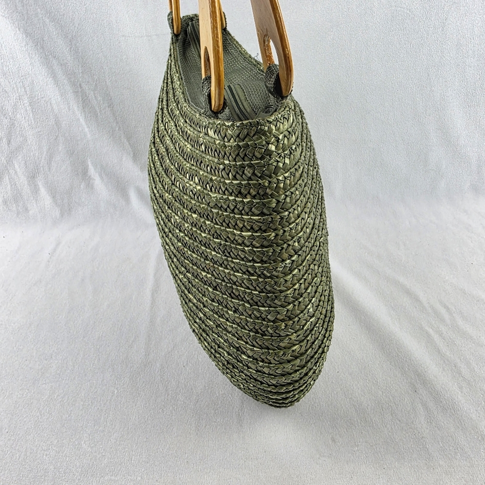 Vintage Green Straw Hanbag With Etched Wooden Handles Grannycore - Picture 3 of 8